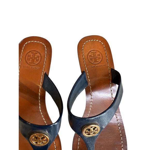 Tory Burch Cameron Wege Thong Sandals Navy Blue 7 - Picture 4 of 9